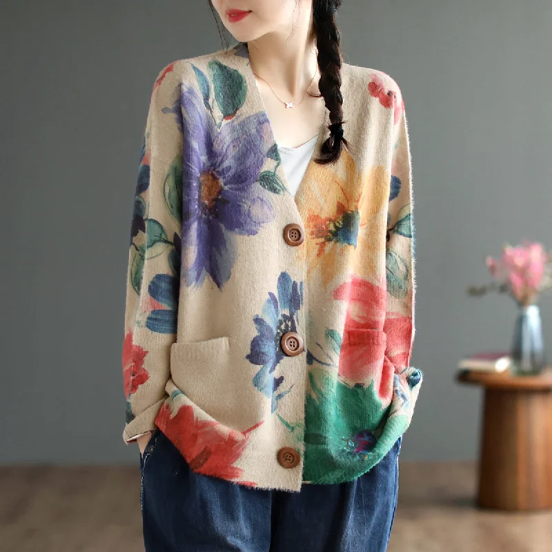 Babakud Women Autumn Retro Floral Cotton Cardigan