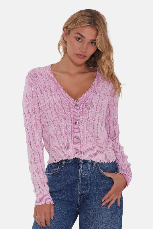 Stone Wash Distressed Cable Cropped Cardigan Faded Rose