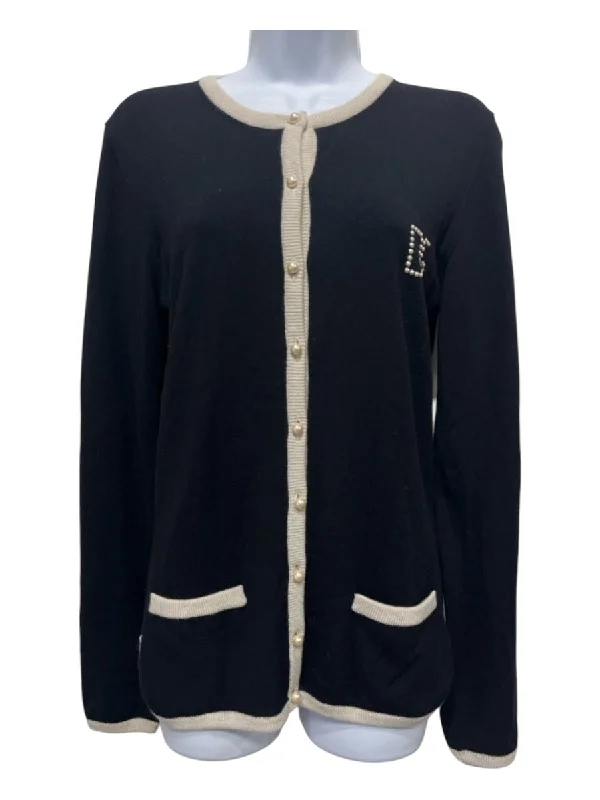 Dolce & Gabbana Size S Black & White Wool Trim Pearl Button Logo Cardigan