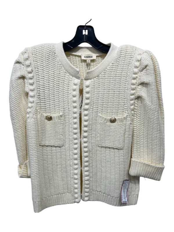 L'agence Size L Cream Cotton Blend Pom Pom Puff Shoulder 3/4 Sleeve Cardigan