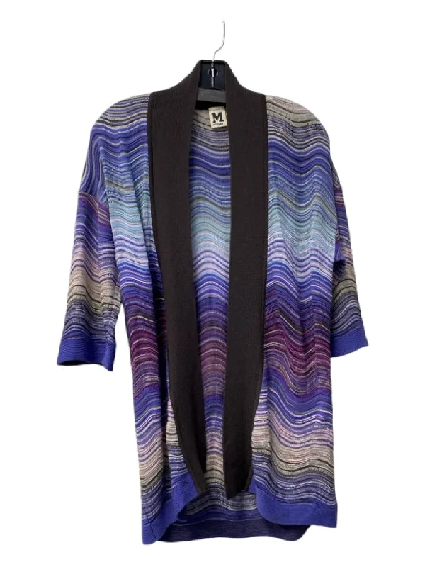 Missoni Size Est M Blue & Purple Knit Wavy Lines Half Sleeve Open Front Cardigan