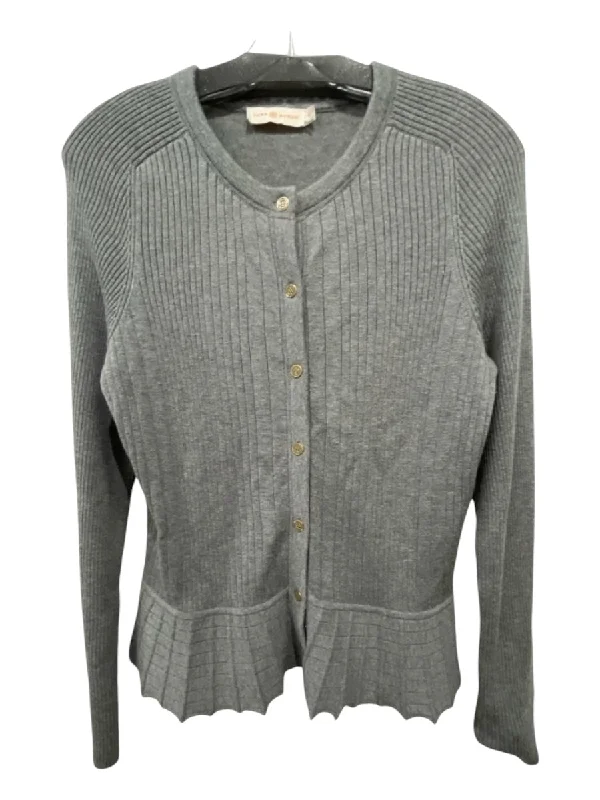 Tory Burch Size M Gray Silk & Cashmere Round Neck Button Down Peplum Cardigan