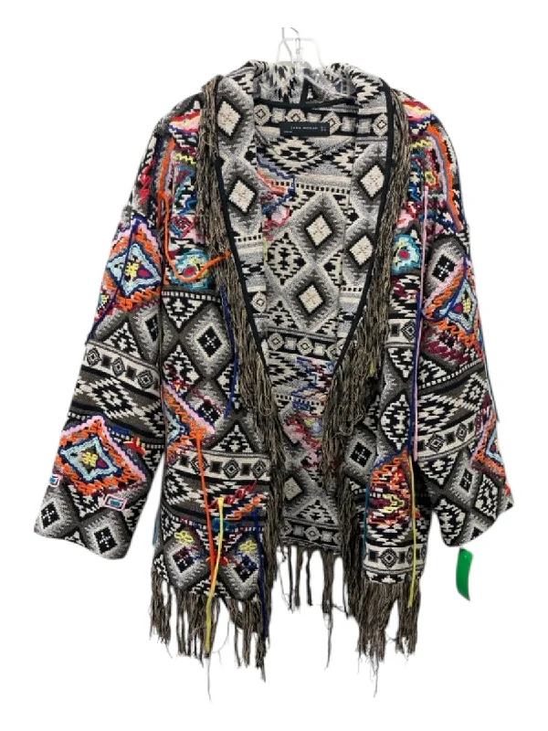 Zara Woman Size L Brown & Multi Polyester Open Front Fringe Embroidered Cardigan