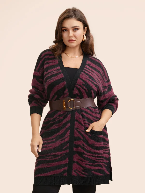 Zebra Print Fluffy Patch Pocket Cardigan