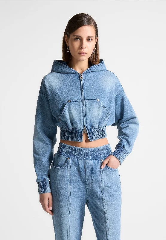 Washed Denim Jersey Hoodie - Mid Blue