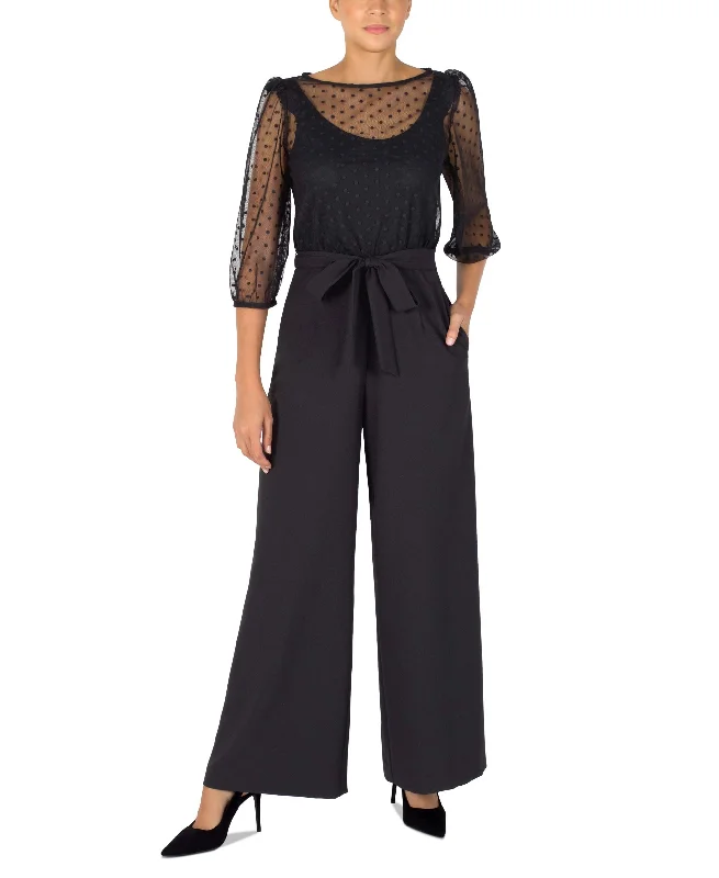 Julia Jordan Mesh Top Belted Jumpsuit