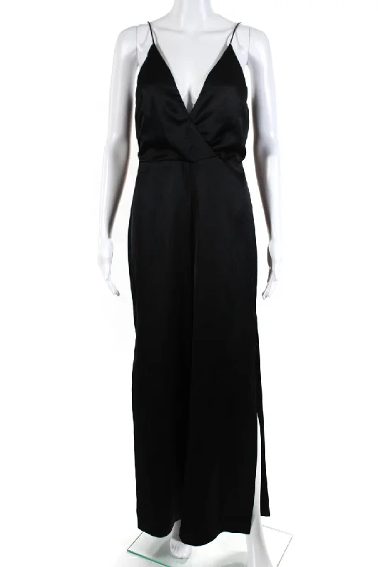 Monique Lhuillier Womens V-Neck Sleeveless Zip Straight Jumpsuit Black