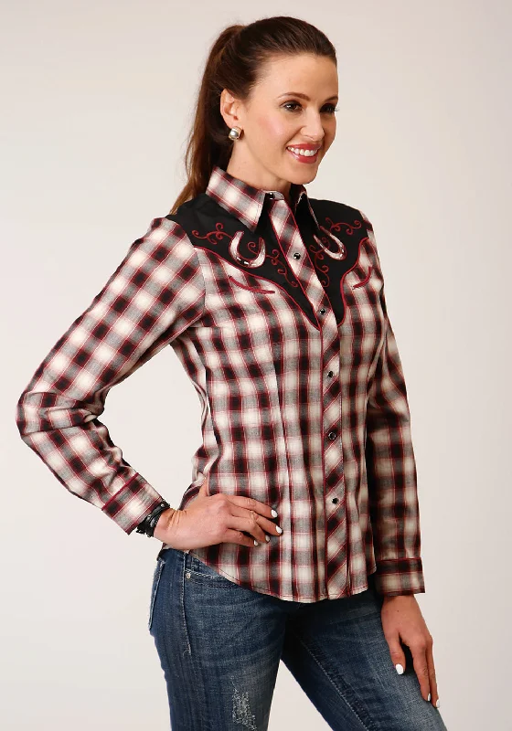 Roper Womens Fancy Plaid Wine Cotton Blend L/S Shirt