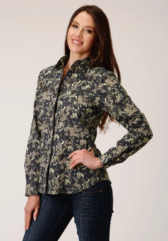 Roper Womens Vintage Dark Floral Black Cotton Blend L/S Shirt