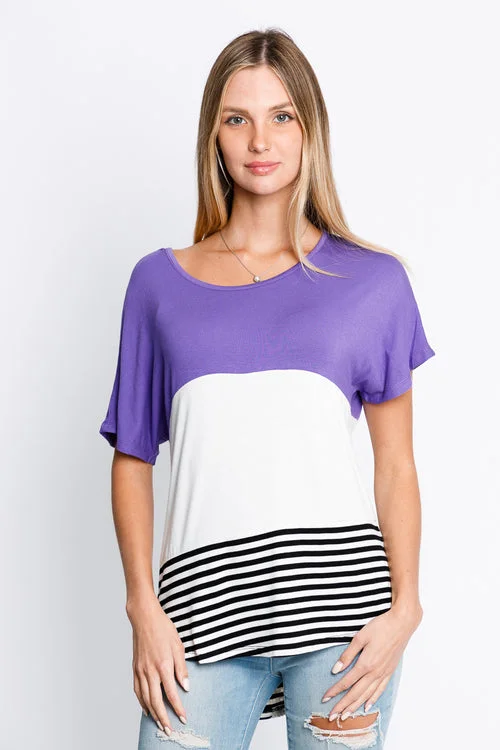 Short Sleeve Color Block Top with Lace Panel at Center Back in Purple (16K509)