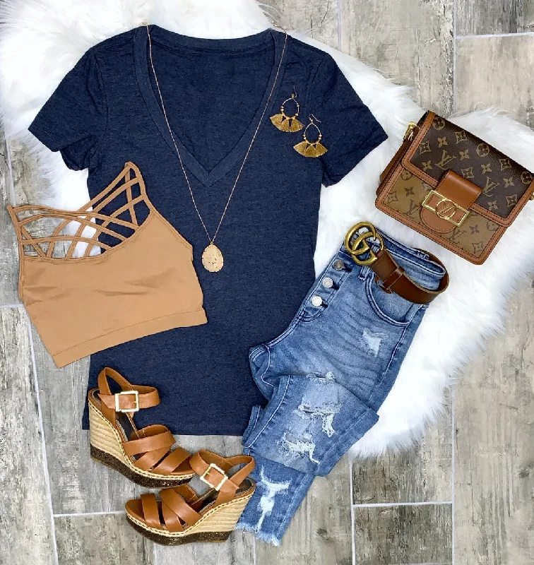 BASIC SHORT SLEEVE DEEP V TEE - NAVY