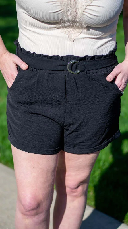 Summer Secrets : Black Casual Paper Bag Adjustable Waist Shorts