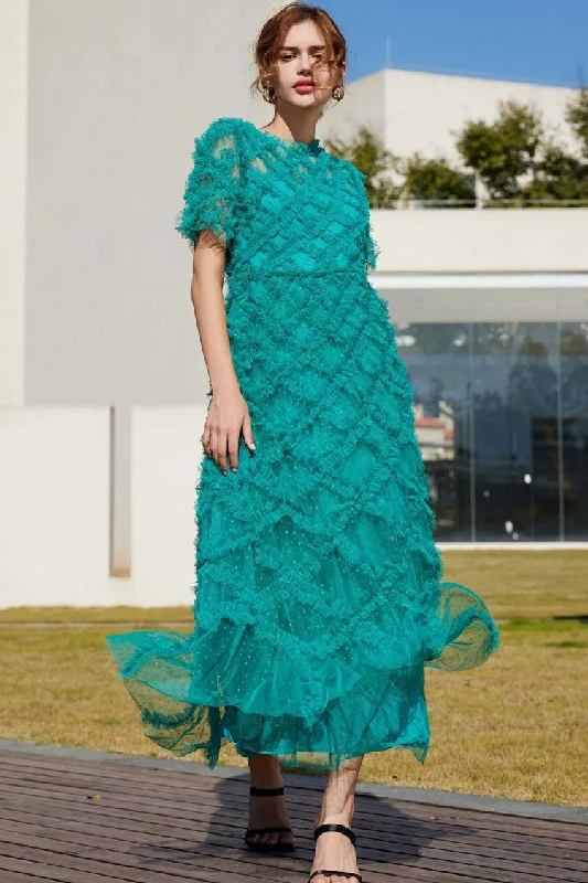 Breezy Mock Neck Polka Dot Tulle Summer Ruffled Evening Maxi Dress - Emerald Green