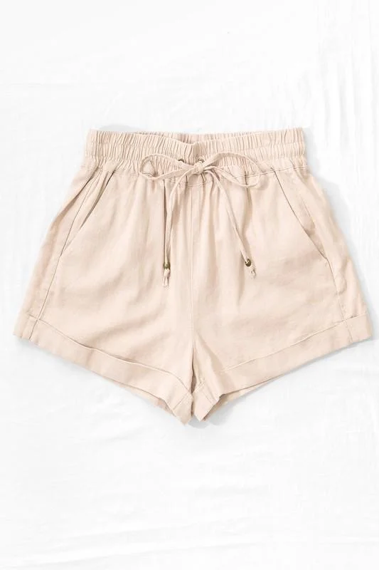 Daydream Linen Waistband Shorts with String Tie - Khaki