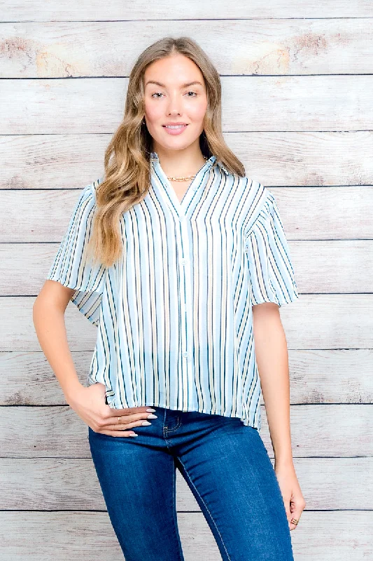 Striped Print Button Down Short Sleeve Top With Tie Back Detail In  (ET63407B)