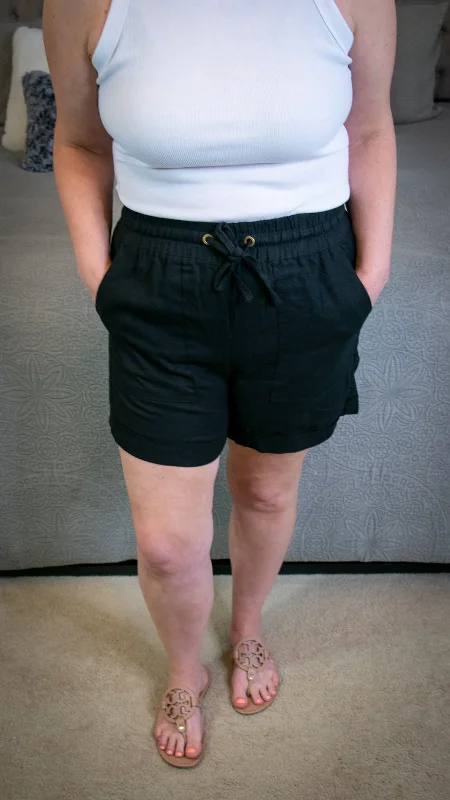 Lazy Days: Linen Drawstring Waist Pull on Shorts w/Pockets - Black