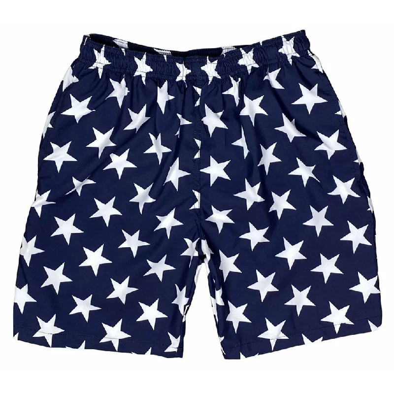 "Star Struck" (Navy) Men's Elastic Waist Swim Trunks w/ on-seam Pockets (Select Custom Outseam 18" - 28")