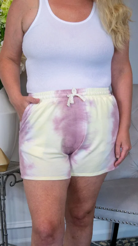 Soft Tie Dye Drawstring Shorts - Mauve/Yellow