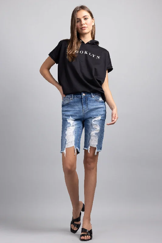 Mid Rise Heavy Destructed Bermuda Denim Shorts